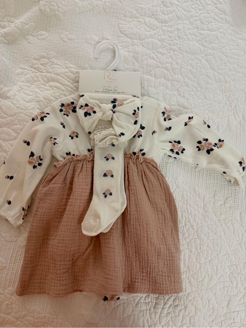 Floral Knit & Gauze Dress Set in Cream and Rose